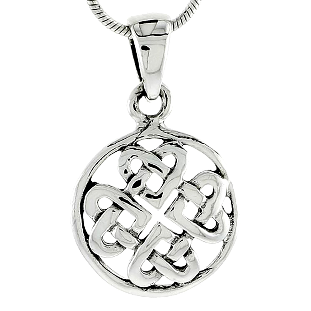 Small Sterling Silver Round Bordered Dara Celtic Knot Hearts Charm Pendant 3/4 inch