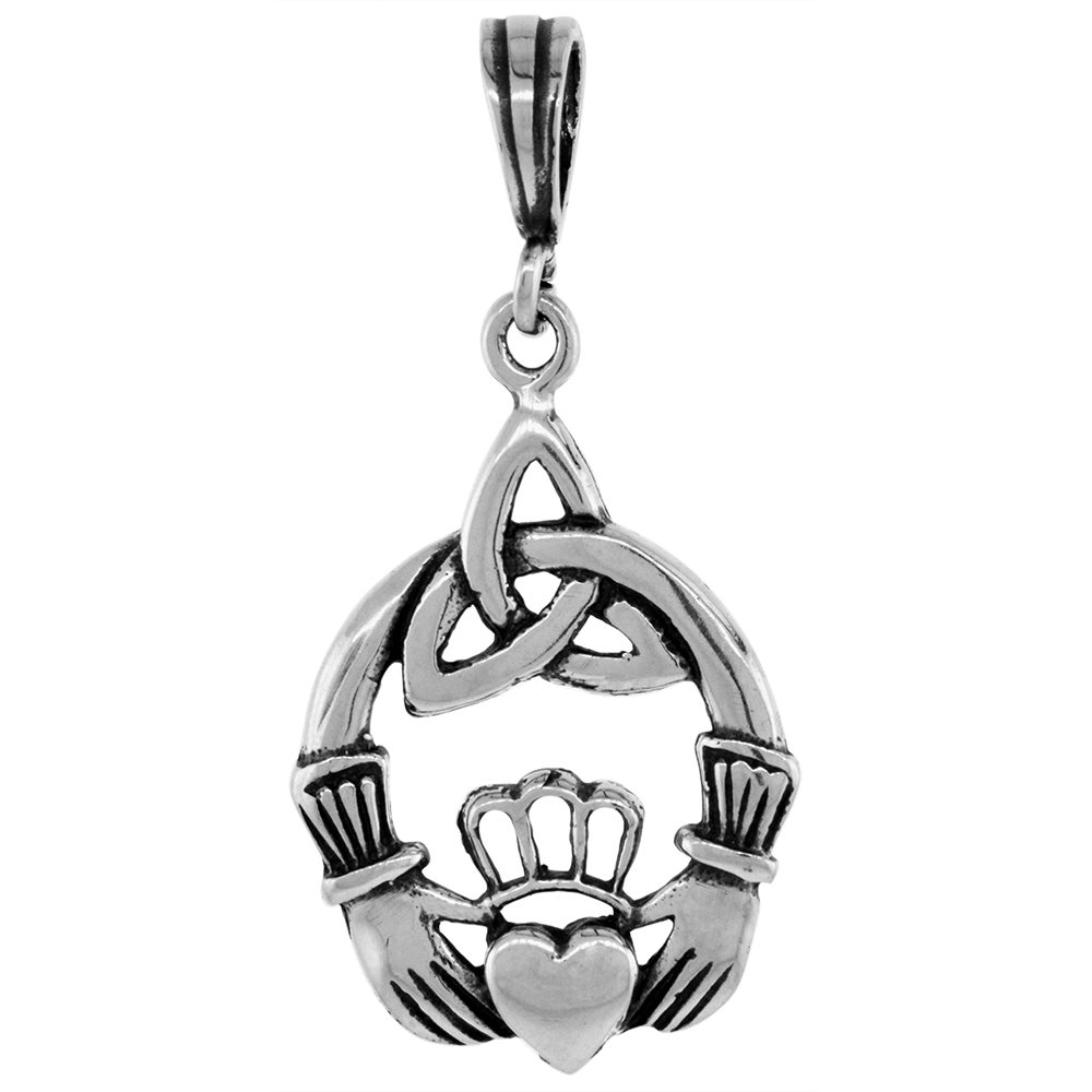 Small Sterling Silver Celtic Claddagh Charm Trinity Knot Pendant 1 1/4 inch