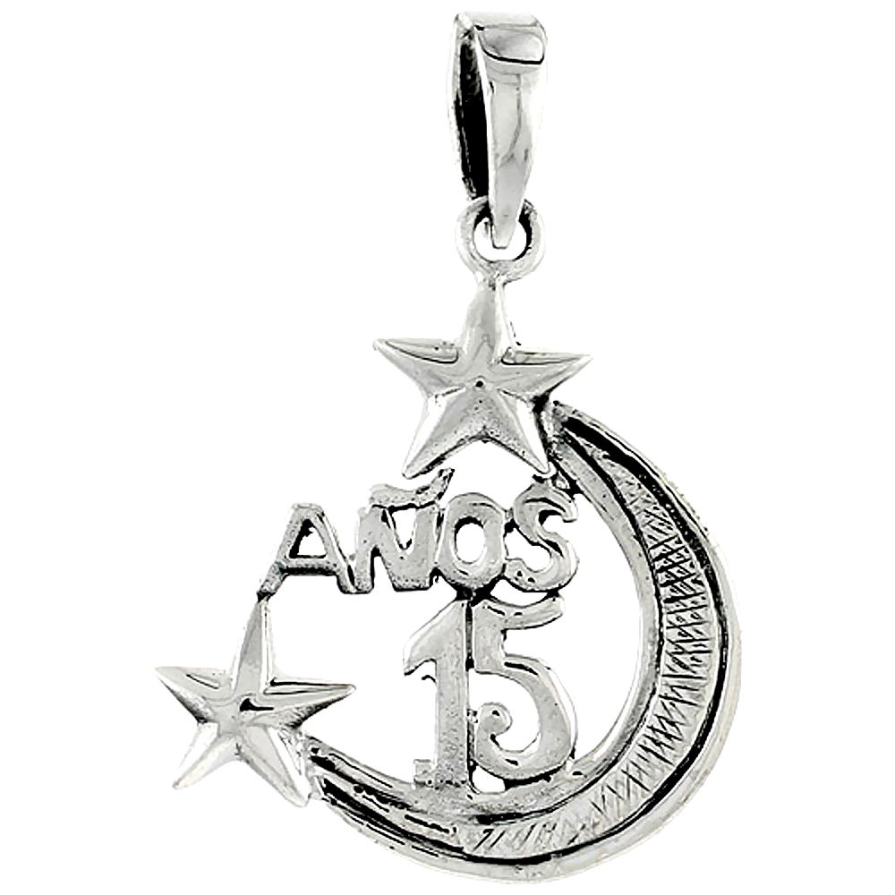 Sterling Silver Quinceanera 15 Anos Crescent Moon &amp; Stars Word Charm 1 1/16 inch tall