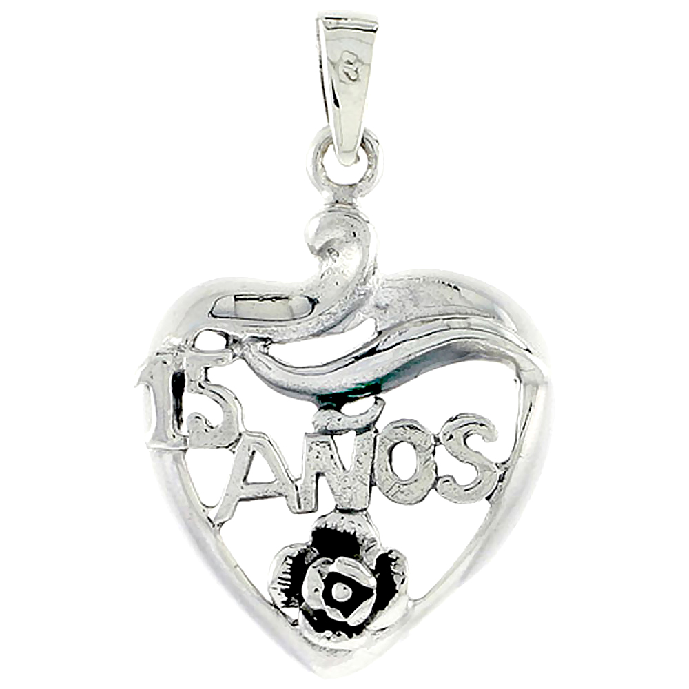 Sterling Silver Quinceanera 15 Anos Heart Cut-out w/ Rose Charm 1 inch wide
