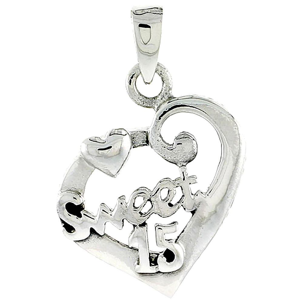 Sterling Silver Quinceanera 15 Anos Fancy Heart Cut-out Charm 7/8 inch wide