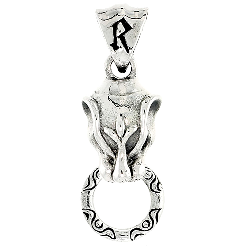 Sterling Silver Cougar Head Charm w/ Initial R on Bale 1 1/4 inch tall