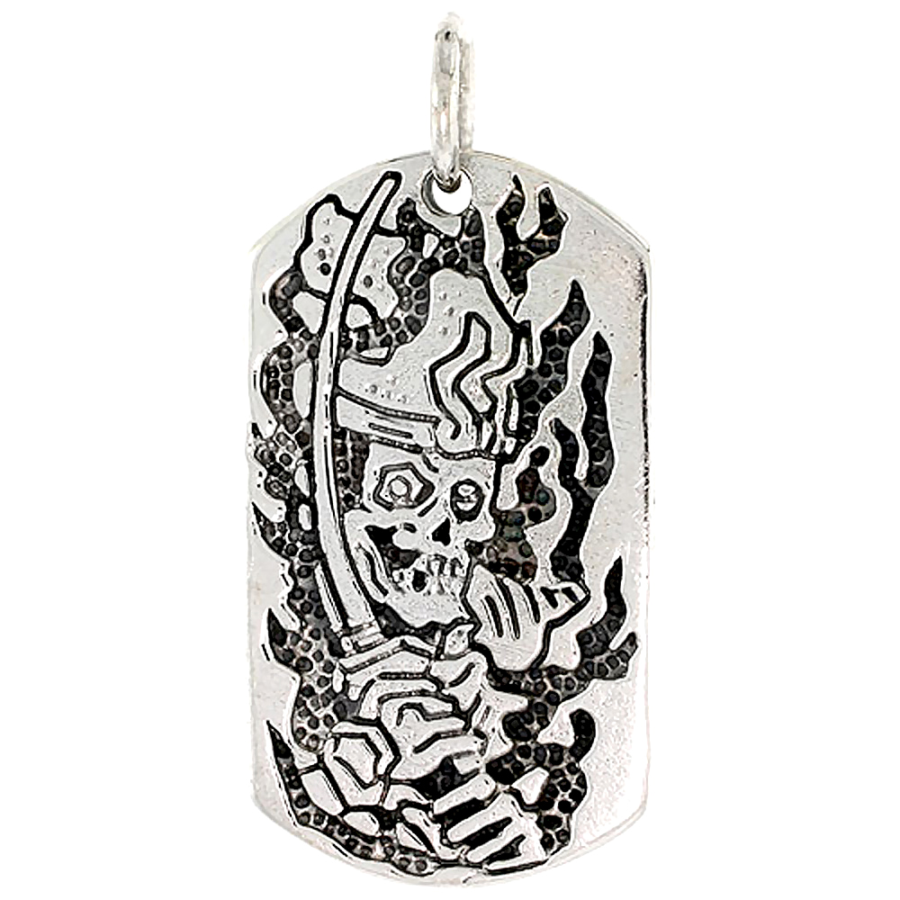Sterling Silver Dog Tag Skull & Sword Charm 1 1/2 inch tall