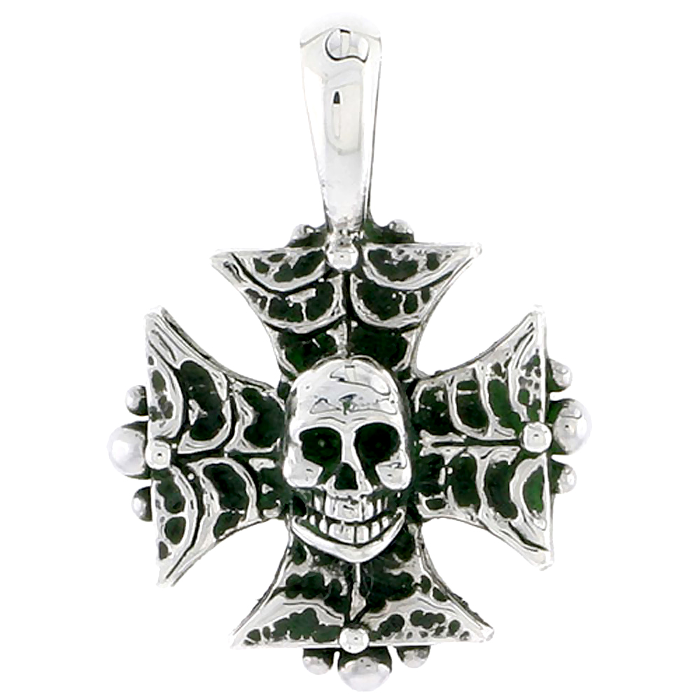 Sterling Silver Iron Cross w/ Skull Charm 3/4 inch tall