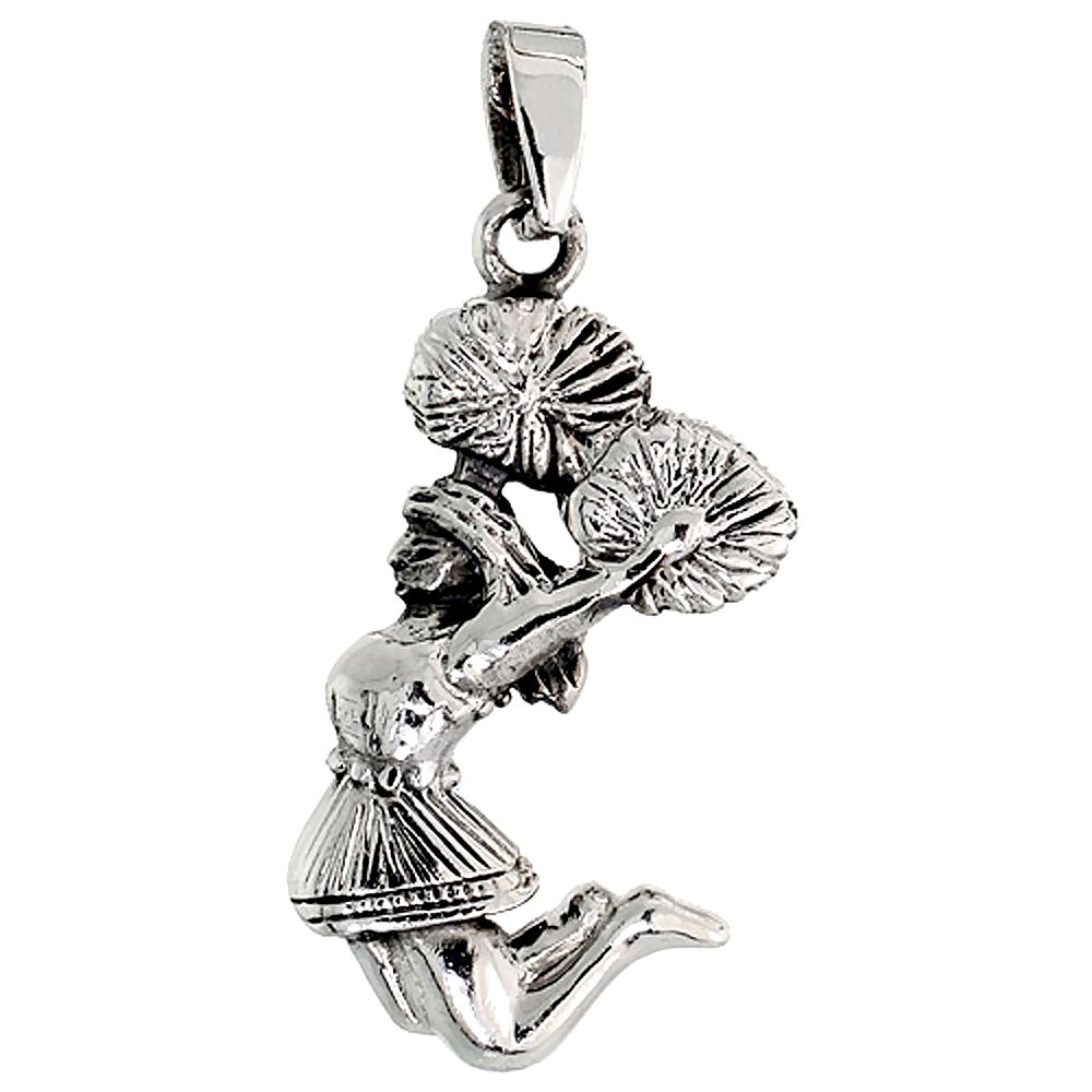 Sterling Silver Cheerleader w/ Pom-poms Charm 1 1/8 inch tall