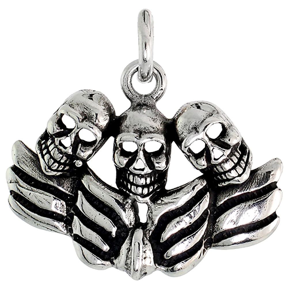 Sterling Silver Winged Skulls Charm 3/4 inch tall