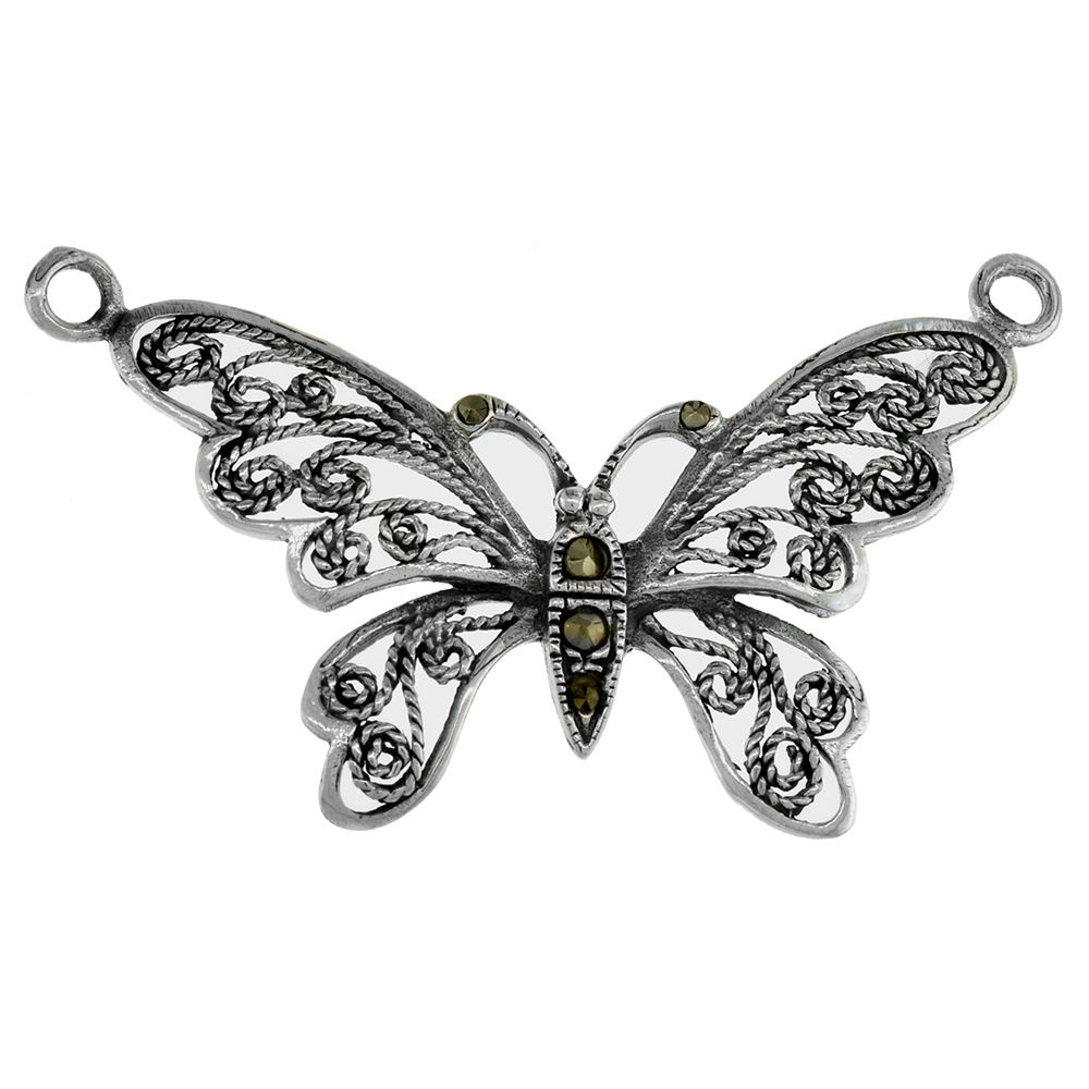 Small 3/4 inch Sterling Silver Filigree Butterfly Pendant for Women Diamond-Cut Oxidized finish NO Chain