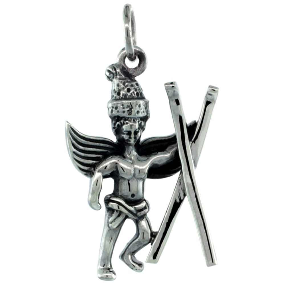 Sterling Silver Guardian Angel Cave Man Pendant Antique Finish 15/16 inch