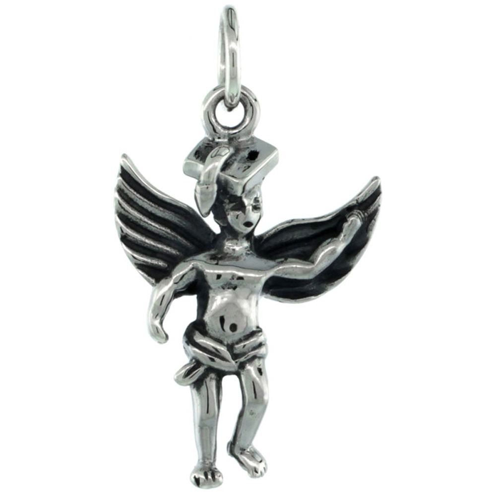 Sterling Silver Guardian Angel Graduate Pendant Antique Finish 7/8 inch