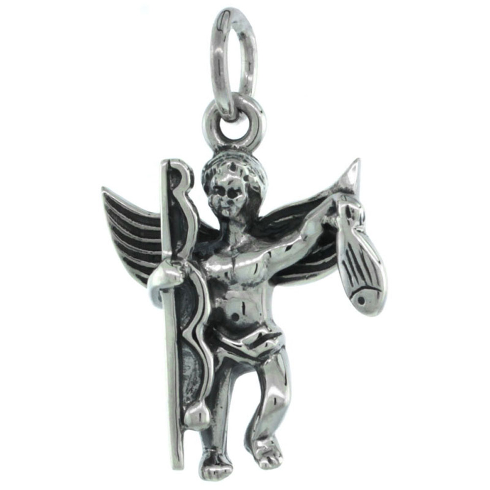 Sterling Silver Guardian Angel Fisherman Pendant Antique Finish 13/16 inch