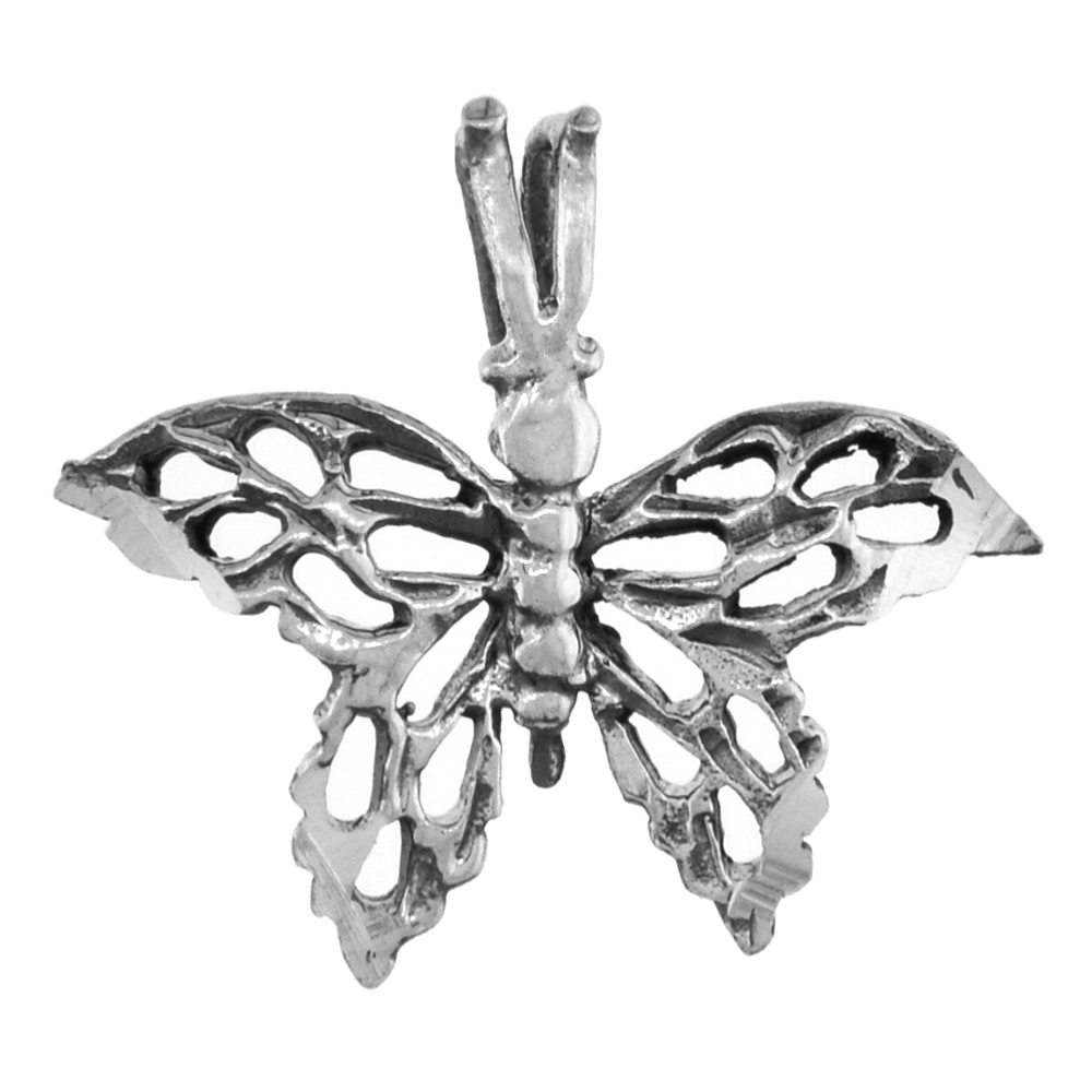 Small 3/4 inch Sterling Silver Filigree Butterfly Pendant for Women Diamond-Cut Oxidized finish NO Chain