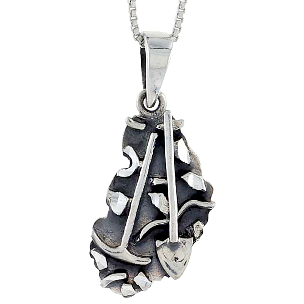 Sterling Silver Pick and Shovel Pendant 1 1/2 inch tall