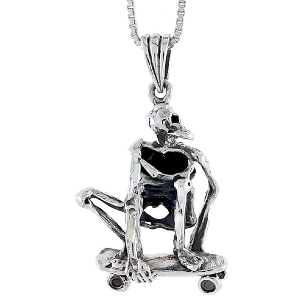 Sterling Silver Skateboarder Skeleton Pendant 1 inch tall