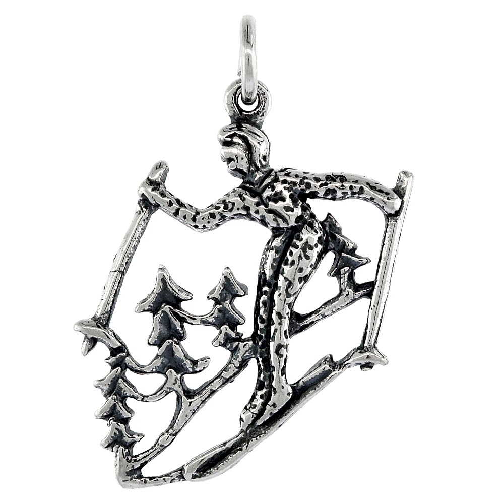 Sterling Silver Skier Pendant 1 3/8 inch tall