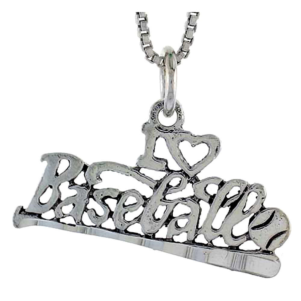 Sterling Silver I Love Baseball Word Pendant Talking Charm for Women and Men 1 inch wide