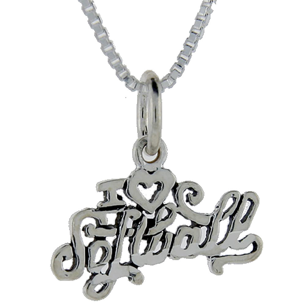 Sterling Silver I Love Softball Word Pendant Talking Charm for Women and Men 1 inch wide