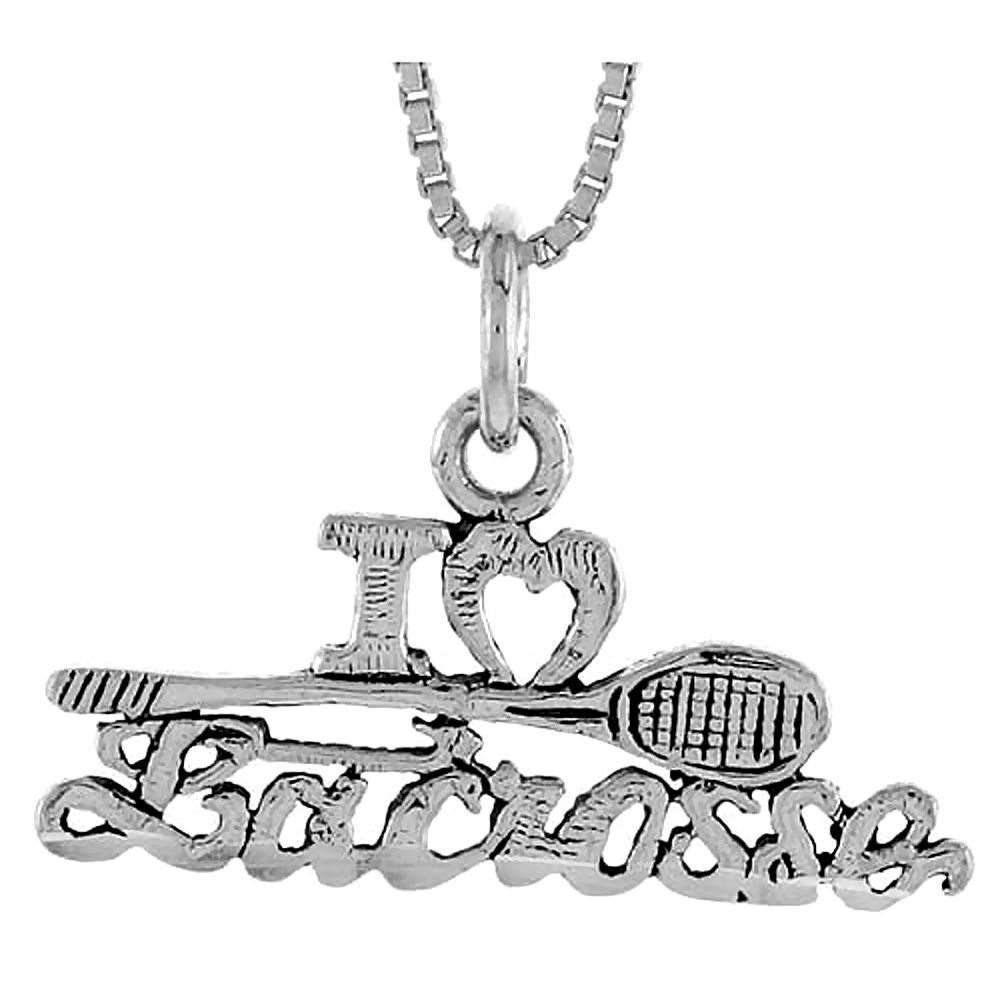 Sterling Silver I Love Lacrosse Word Pendant Talking Charm for Women and Men 1 inch wide