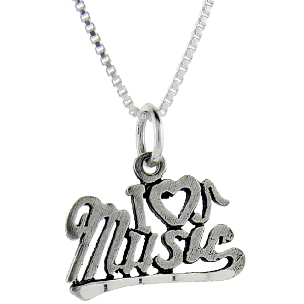 Sterling Silver I Love Music 1 inch wide Word Pendant Talking Charm for Women and Men