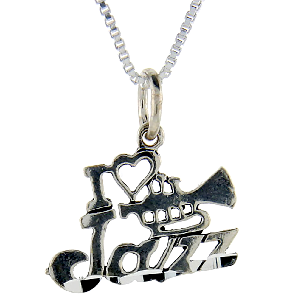 Sterling Silver I Love Jazz 1 inch wide Word Pendant Talking Charm for Women and Men