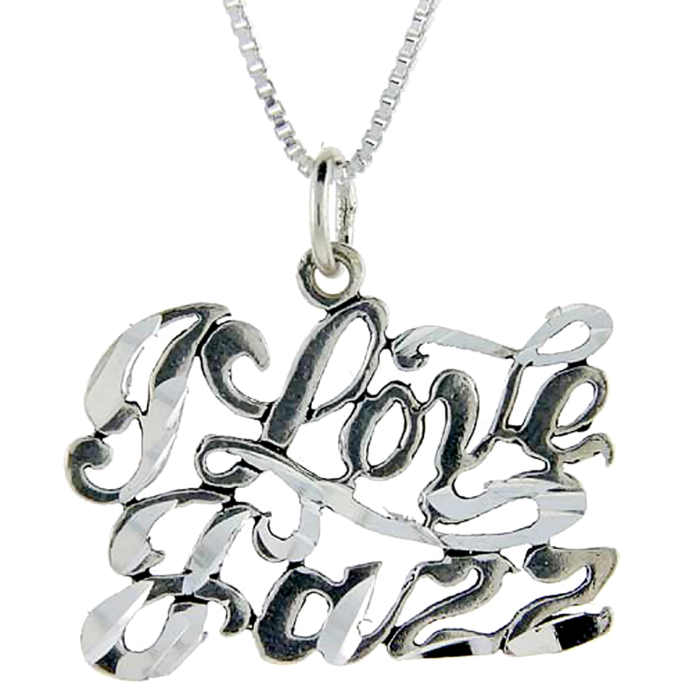 Sterling Silver I Love Jazz Word Pendant Talking Charm for Women and Men 1 inch wide