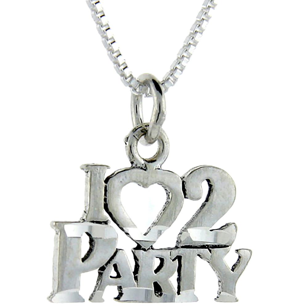 Sterling Silver I Love 2 Party Word Pendant Talking Charm for Women and Men 1 inch wide