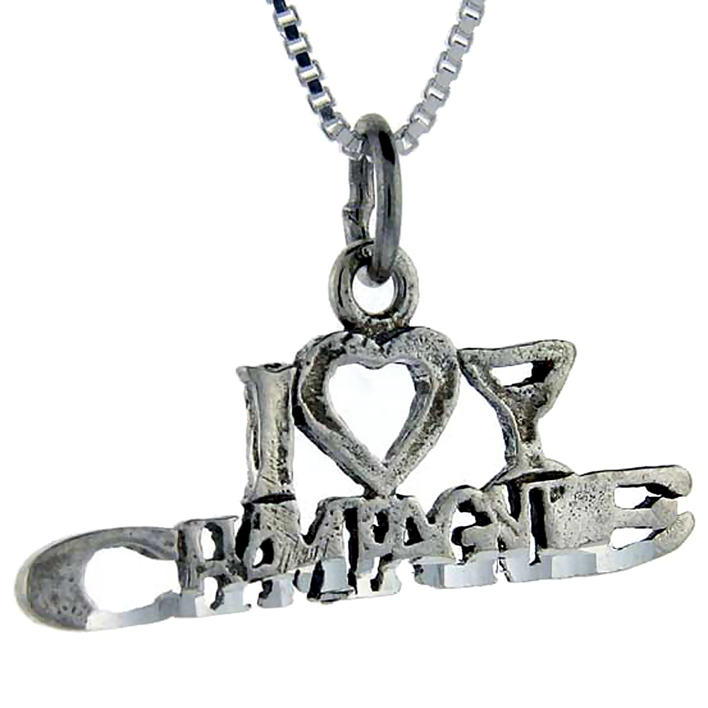 Sterling Silver I Love Champagne Word Pendant Talking Charm for Women and Men 1 inch wide