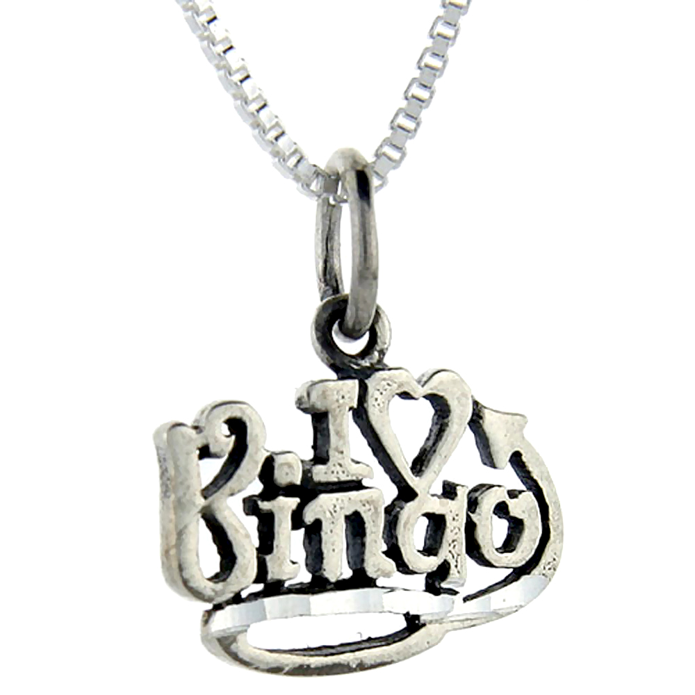 Sterling Silver I Love Bingo Word Pendant Talking Charm for Women and Men 1 inch wide