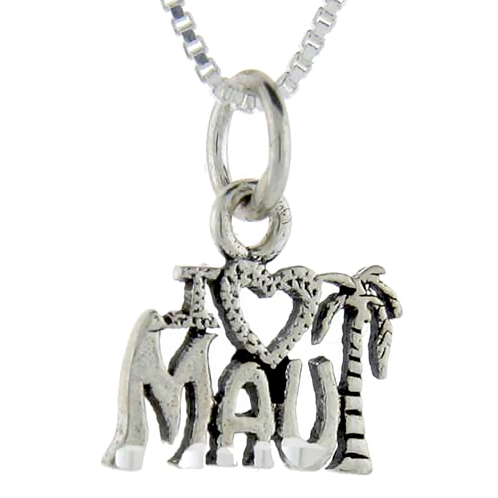 Sterling Silver I Love Maui Word Pendant Talking Charm for Women and Men 1 inch wide