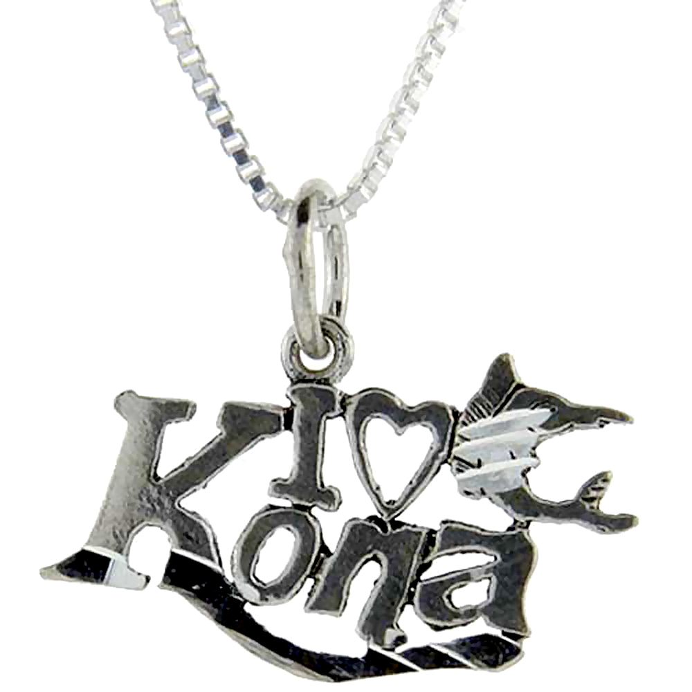 Sterling Silver I Love Kona Word Pendant Talking Charm for Women and Men 1 inch wide