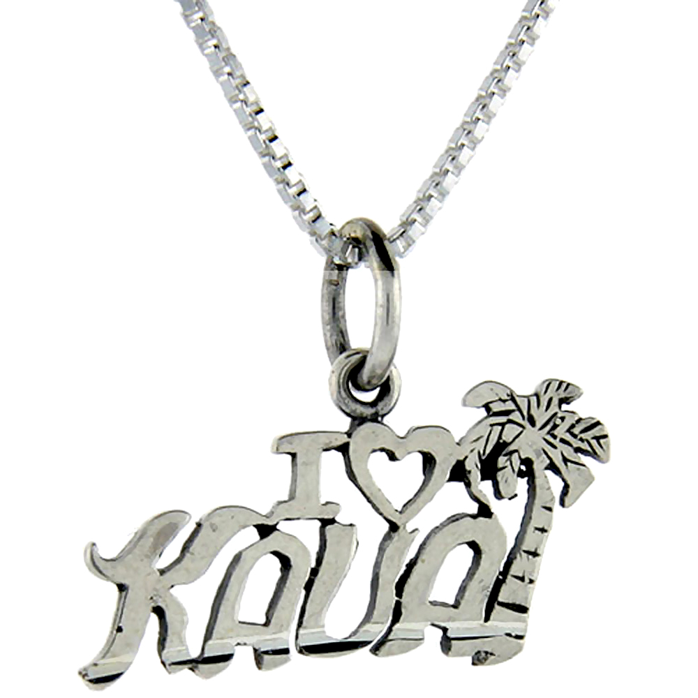 Sterling Silver I Love Kauai Word Pendant Talking Charm for Women and Men 1 inch wide
