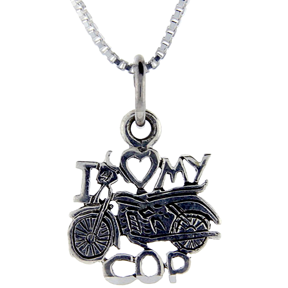 Sterling Silver I Love My Motorcycle Cop Word Pendant Talking Charm for Women and Men 1 inch wide