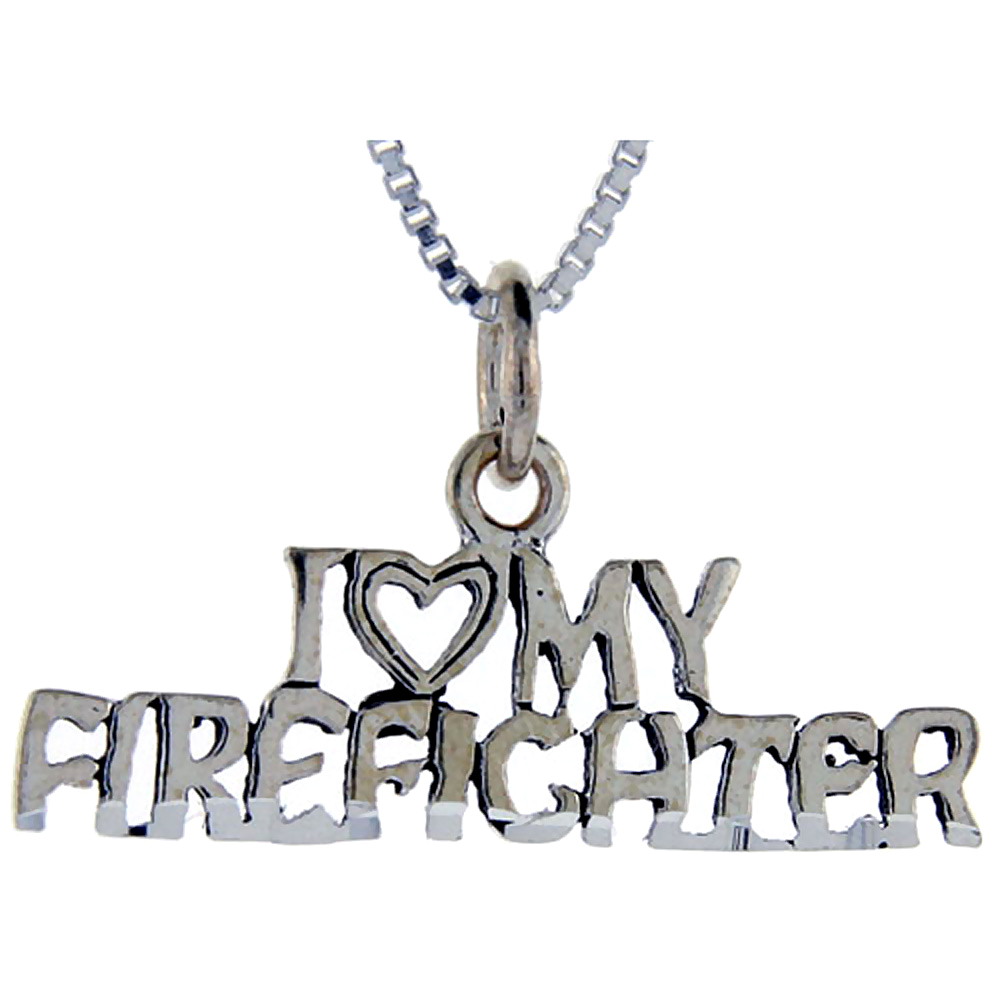 Sterling Silver I Love My Firefighter Word Pendant Talking Charm for Women and Men 1 inch wide