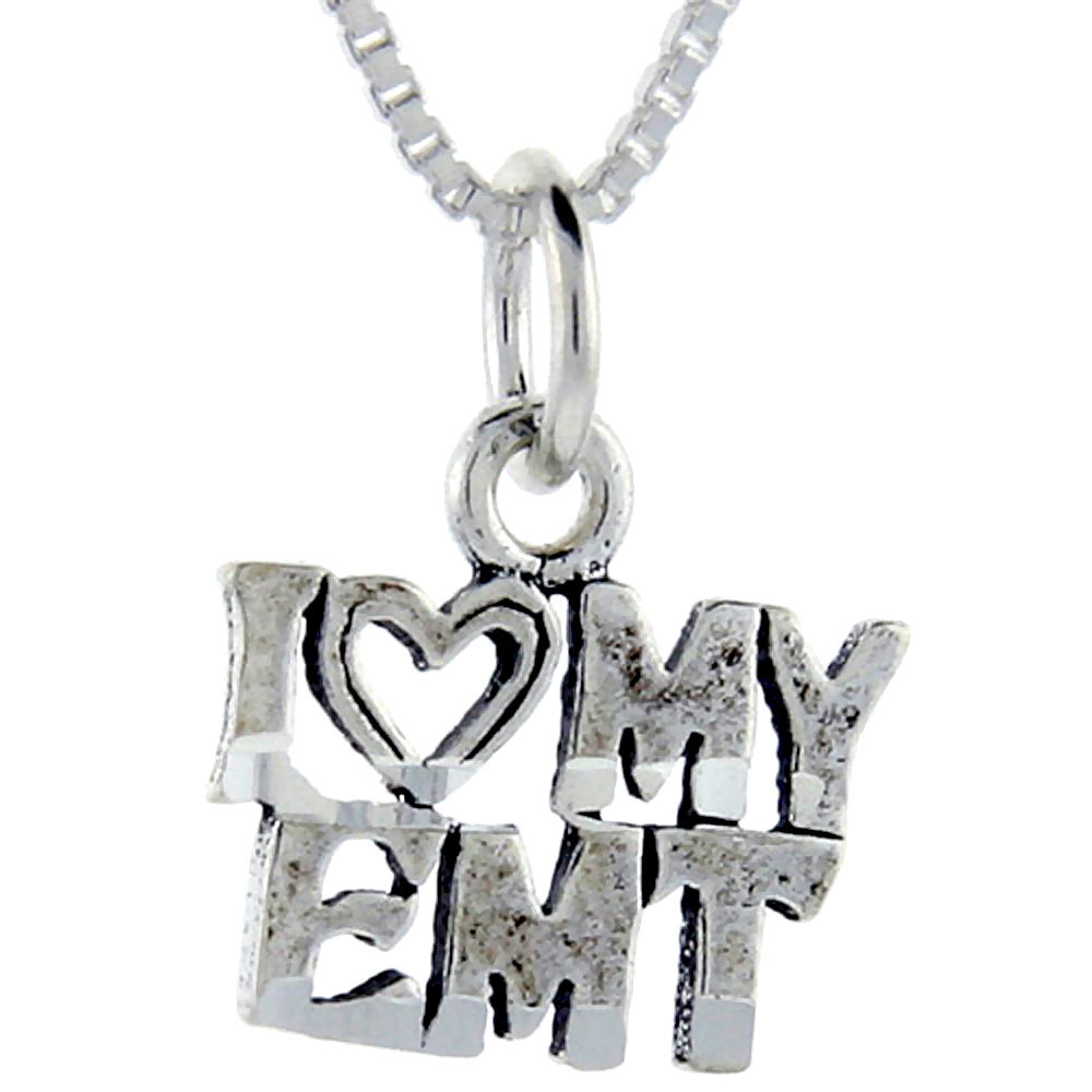 Sterling Silver I Love My EMT Word Pendant Talking Charm for Women and Men 1 inch wide