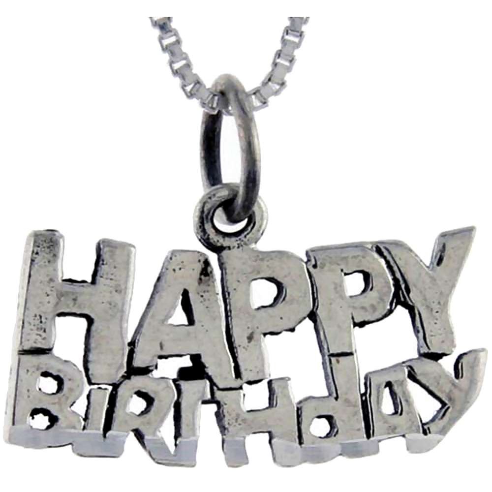 Sterling Silver Happy Birthday Word Pendant Talking Charm for Women and Men 1 inch wide
