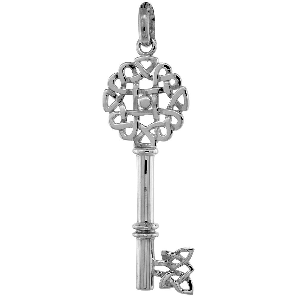 Sterling Silver Vintage Design Skeleton Key Pendant Celtic Heart Knot Bow Flawless Polished Finish 1 7/8 inch Tall No Chain