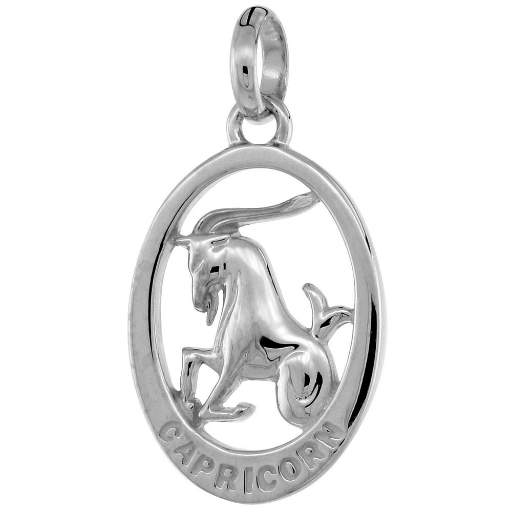 Small Oval Sterling Silver Zodiac Sign CAPRICORN Pendant Women Flawless Polished Finish 3/4 inch Tall No Chain