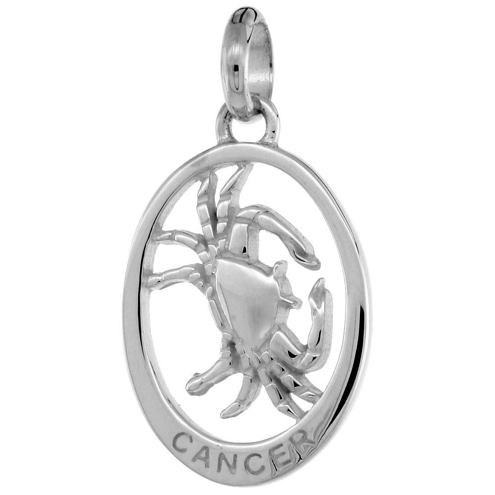 Small Oval Sterling Silver Zodiac Sign CANCER Pendant Women Flawless Polished Finish 3/4 inch Tall No Chain