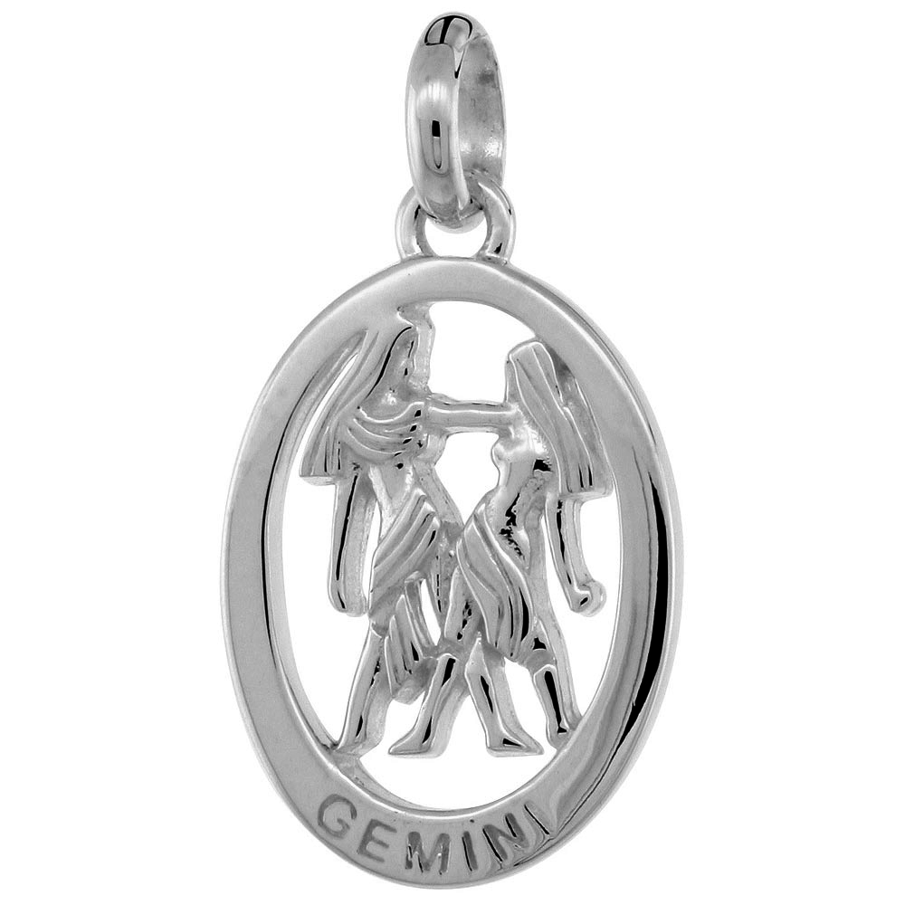 Small Oval Sterling Silver Zodiac Sign GEMINI Pendant Women Flawless Polished Finish 3/4 inch Tall No Chain