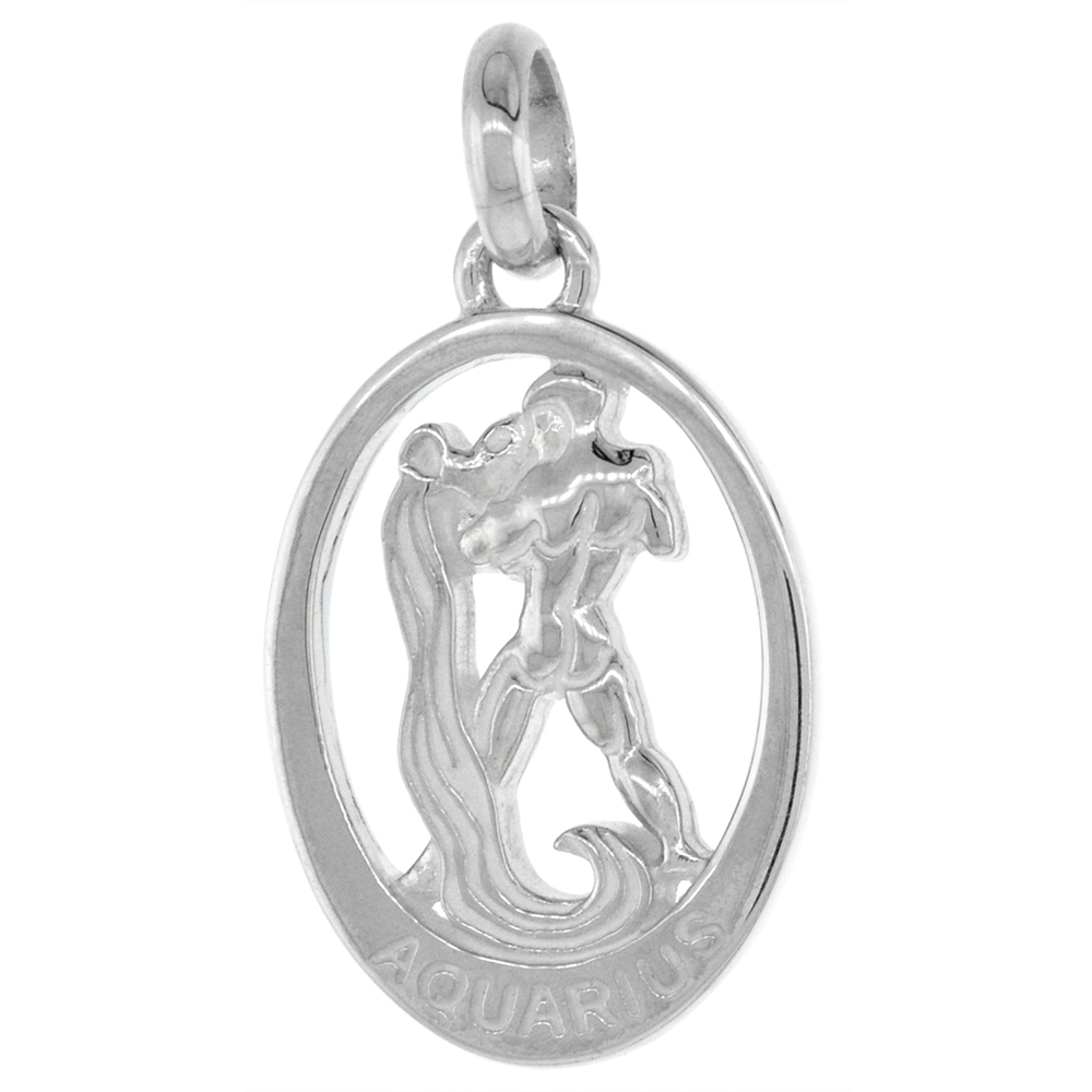 Small Oval Sterling Silver Zodiac Sign AQUARIUS Pendant Women Flawless Polished Finish 3/4 inch Tall No Chain