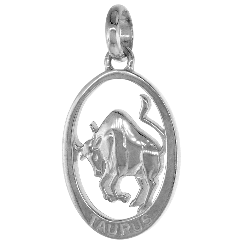 Small Oval Sterling Silver Zodiac Sign TAURUS Pendant Women Flawless Polished Finish 3/4 inch Tall No Chain