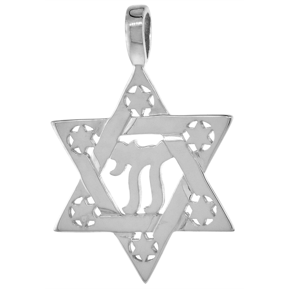 Small 7/8 inch Sterling Silver Jewish Star of David Pendant with Chai Center Men Flawless Finish 1 inch No Chain