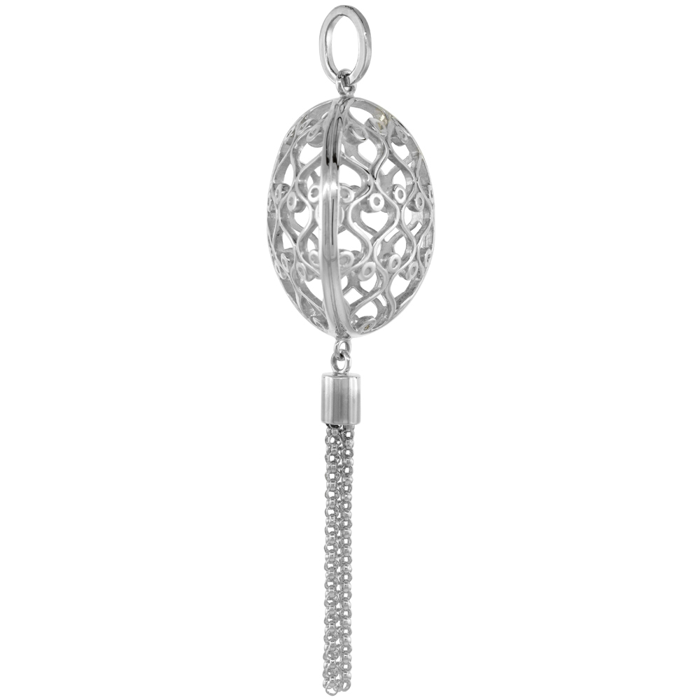 Sterling Silver Oval Filigree Chinese Lantern Pendant with Tassel Women Flawless Finish 3/4 inch No Chain