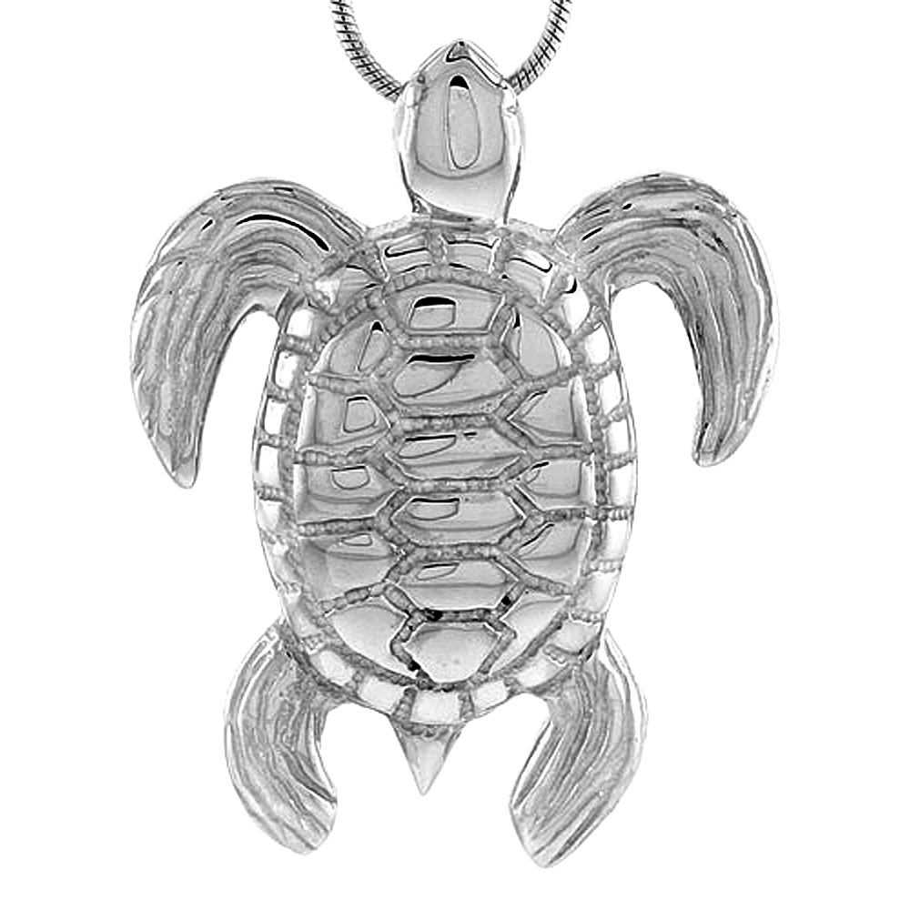 Sterling Silver Sea Turtle Pendant for Women Flawless Polished Finish 1 5/16 inch Tall No Chain