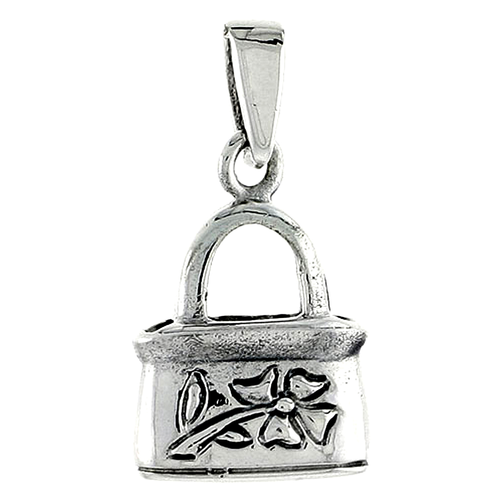 Sterling Silver Flower Design Lady's Purse Pendant for Women Oxidized Antique Finish 1/2 inch Tall No Chain