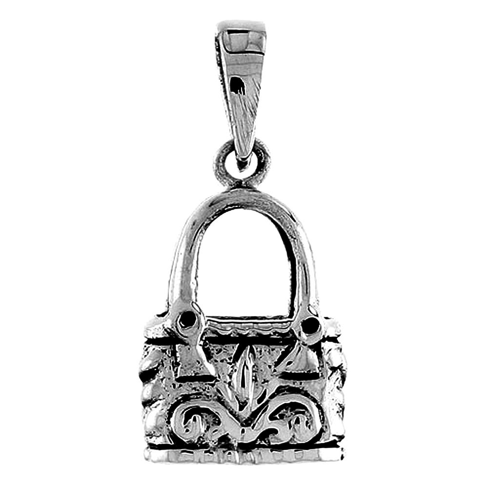 Sterling Silver Fleur de Lis design Lady's Purse Pendant Women Oxidized Antique Finish 3/4 inch Tall No Chain