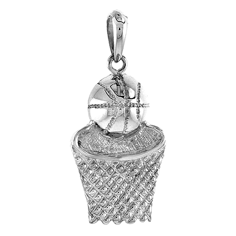 Sterling Silver Basketball & Hoop Pendant for Women Flawless Polished Finish 1 1/16 inch Tall No Chain