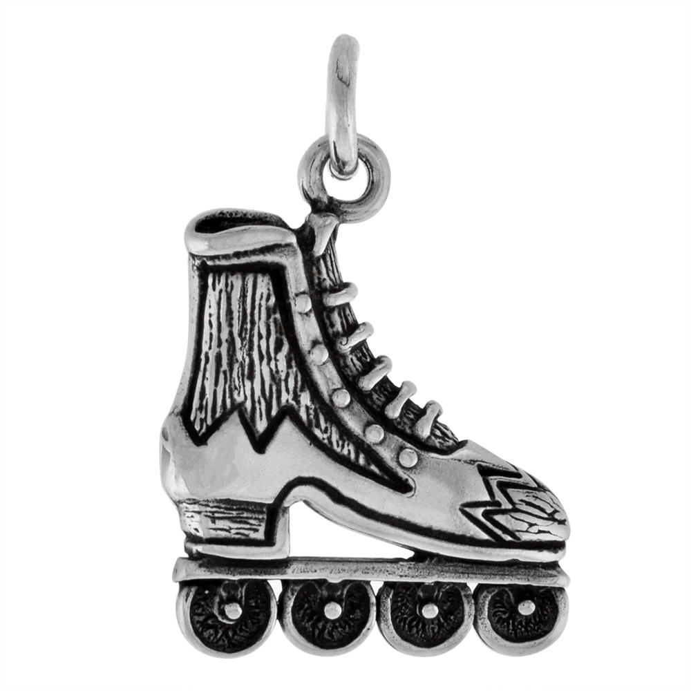 Sterling Silver Inline Skates Rollerblade Pendant for Women Oxidized Antique Finish 3/4 inch Tall No Chain