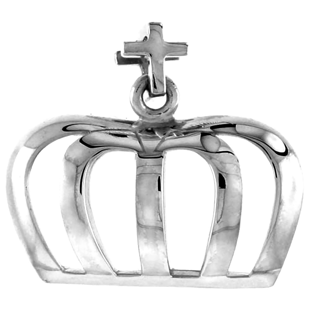 Sterling Silver Cross & Crown Pendant for Men Cut Out Pattern Flawless Polished Finish 7/8 inch Tall No Chain