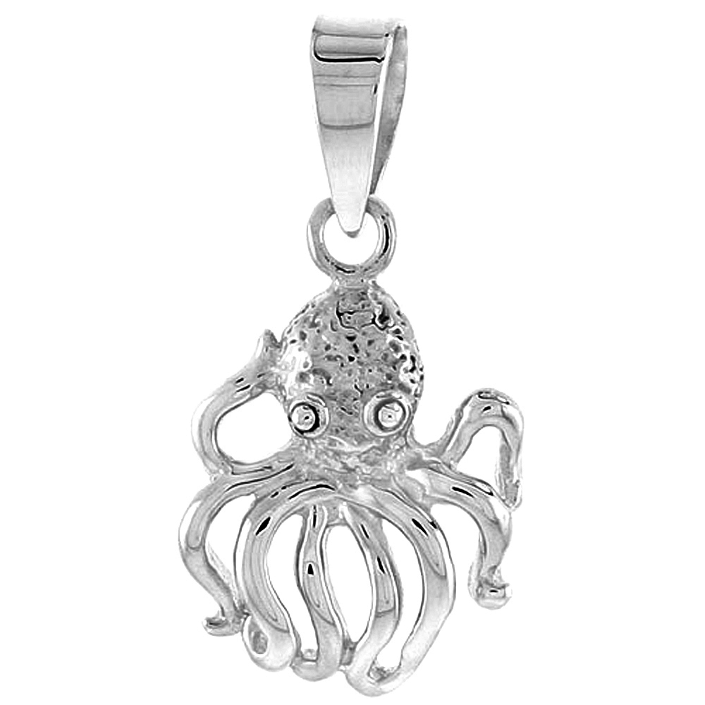 Dainty Sterling Silver Octopus Pendant for Women Flawless Polished Finish 3/4 inch Tall No Chain