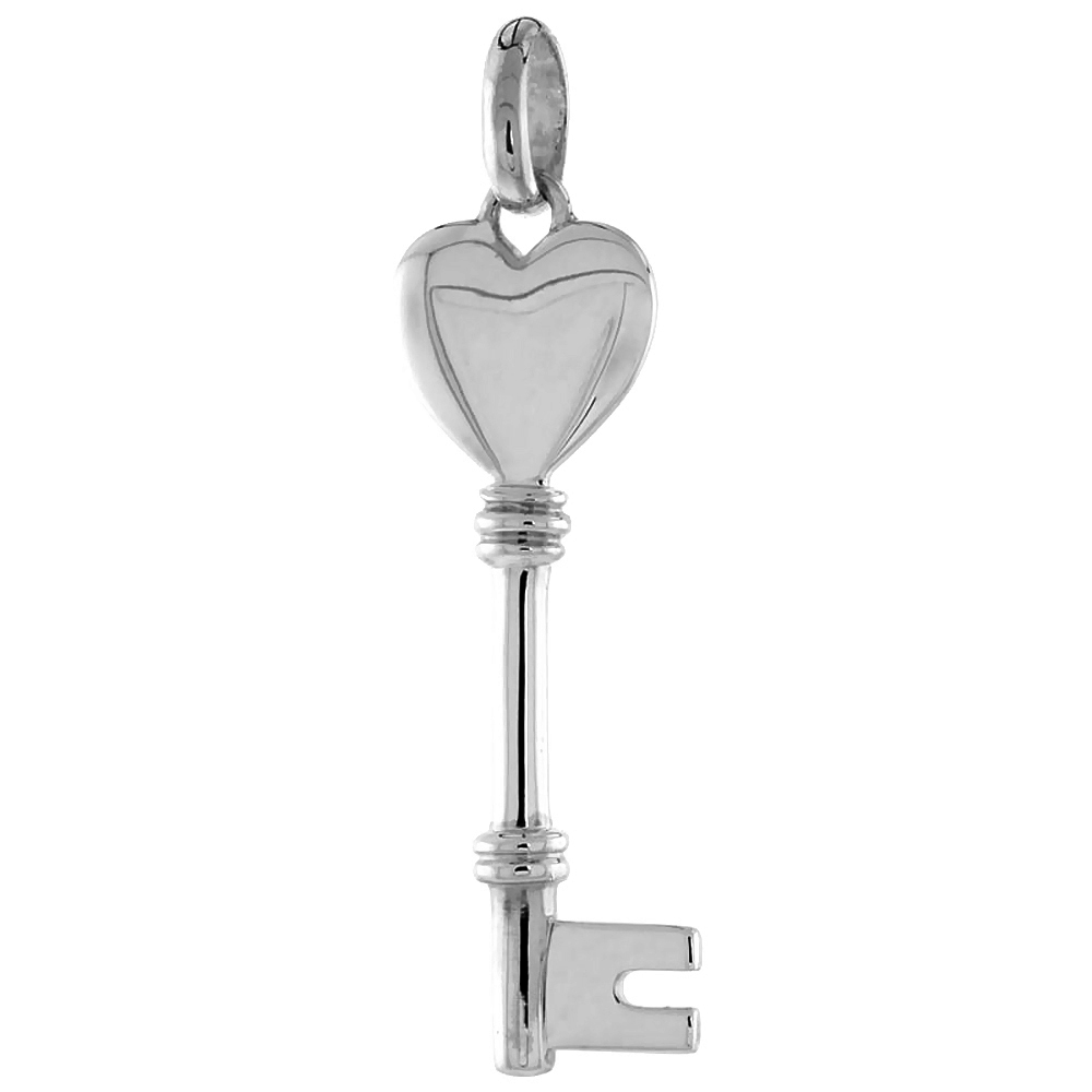 Sterling Silver Vintage Design Skeleton Key Pendant Solid Heart Bow Flawless Polished Finish 1 1/2 inch Tall No Chain